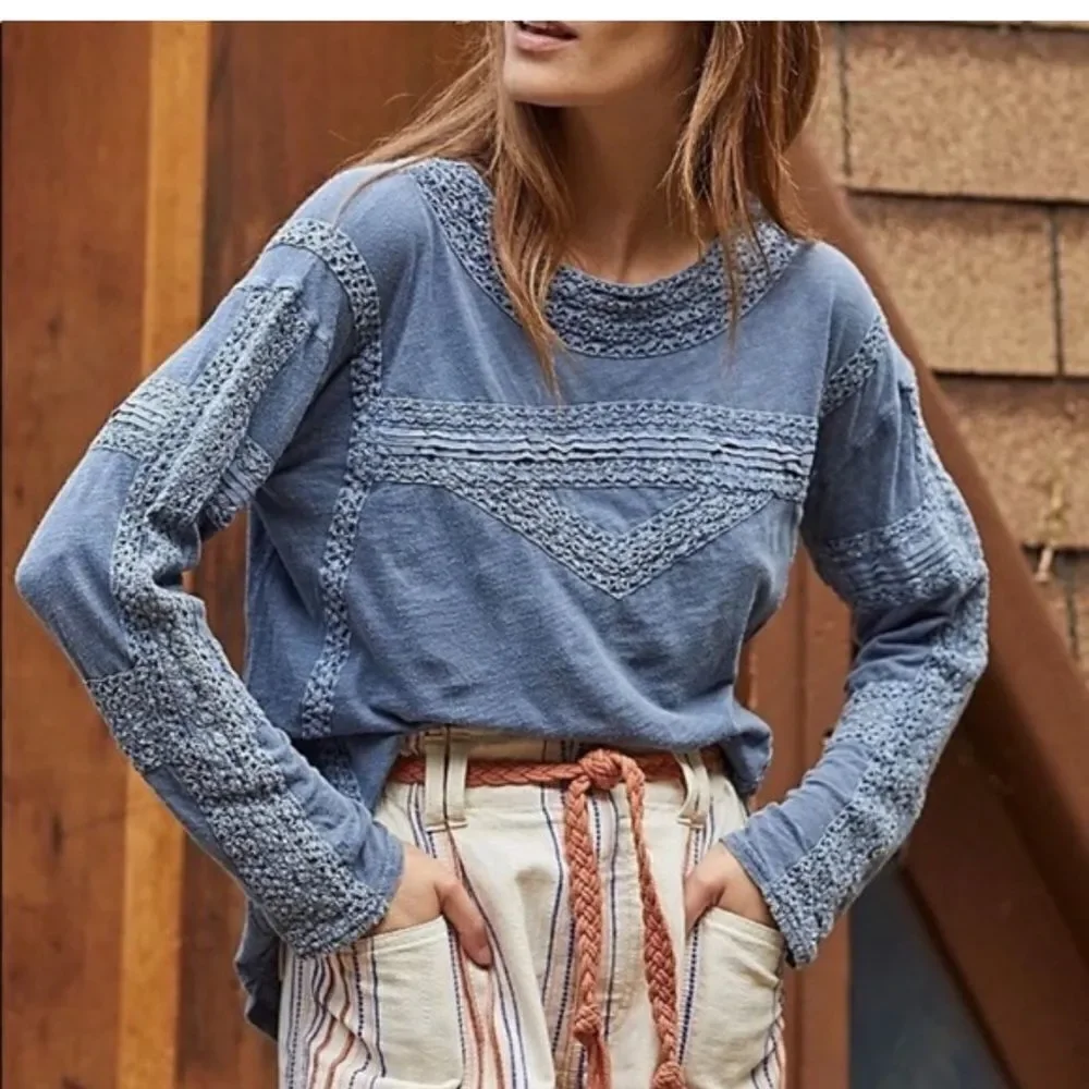 Free People Boy Meets Crochet Long Sleeve Top NWT